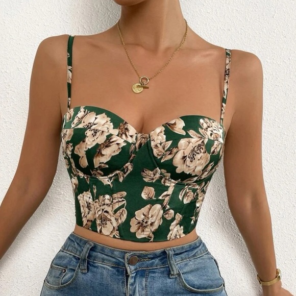 Boho floral print lace up back bustier corset tube satin top - Picture 9 of 16